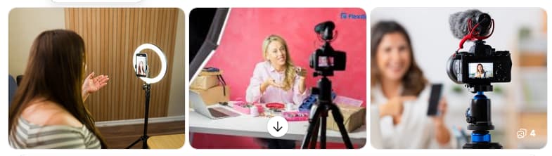 Three women are filming themselves with cameras or smartphones, each in a different setting, using lighting and filming equipment.