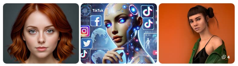 Three portraits: a woman with red hair, an illustrated futuristic robot with social media icons, and a woman with dark hair against an orange wall.