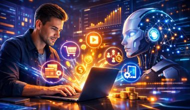 A man works on a laptop, surrounded by glowing digital icons like shopping carts and dollar signs, alongside a humanoid robot. The scene is vibrant and futuristic.