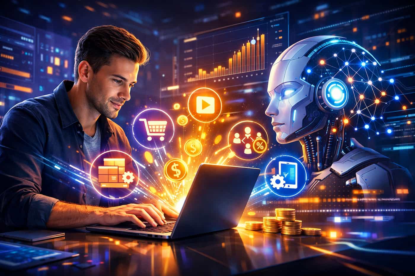 The AI Advantage: How to Get Started, Master the Right Tools and Stay Ahead in an AI-Powered World A man works on a laptop, surrounded by glowing digital icons like shopping carts and dollar signs, alongside a humanoid robot. The scene is vibrant and futuristic.