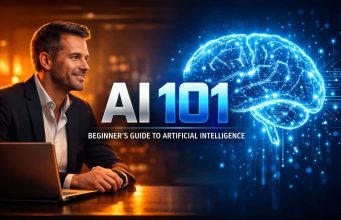 AI 101: A Beginner’s Guide to Artificial Intelligence (And How to Thrive in the Age of AI) Man in a suit smiles at a laptop. Beside him, glowing digital brain imagery and text: "AI 101: Beginner's Guide to Artificial Intelligence." Futuristic tone.