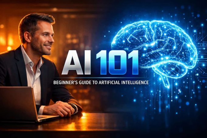AI 101: A Beginner’s Guide to Artificial Intelligence (And How to Thrive in the Age of AI) Man in a suit smiles at a laptop. Beside him, glowing digital brain imagery and text: "AI 101: Beginner's Guide to Artificial Intelligence." Futuristic tone.