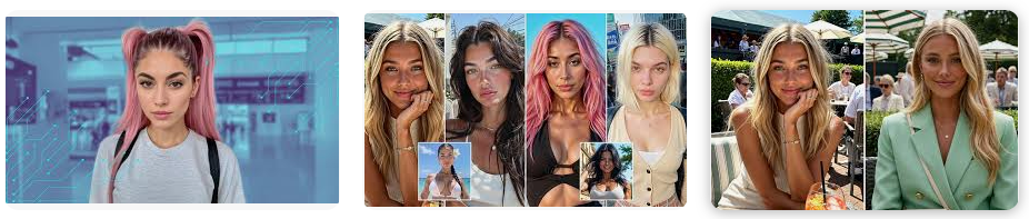 Collage of four women with diverse hairstyles and expressions; settings range from indoor to outdoor casual. The mood is varied and lively.