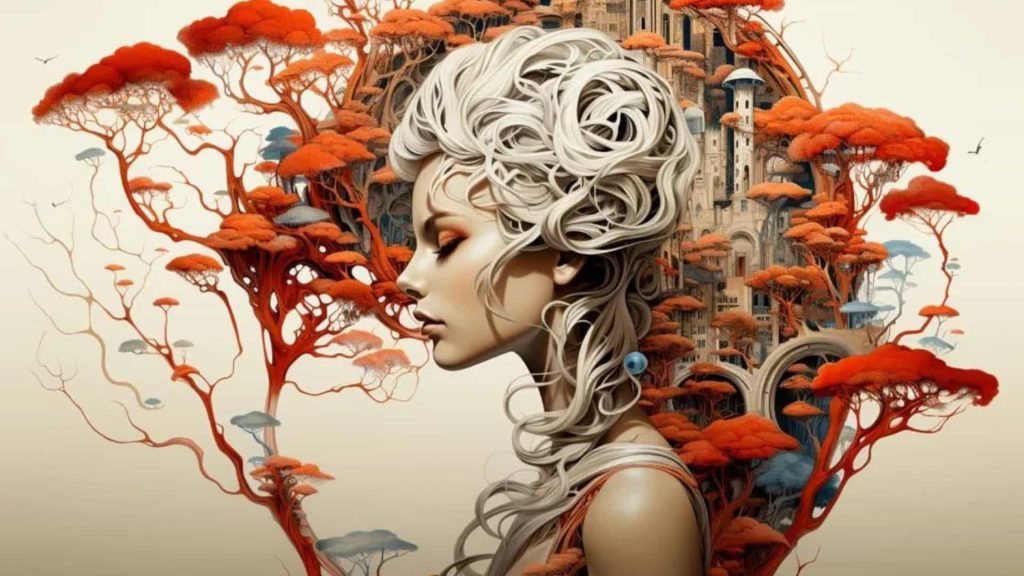 A woman with intricately styled white hair stands against a background of red-orange surreal trees and a castle. The scene exudes fantasy and elegance.