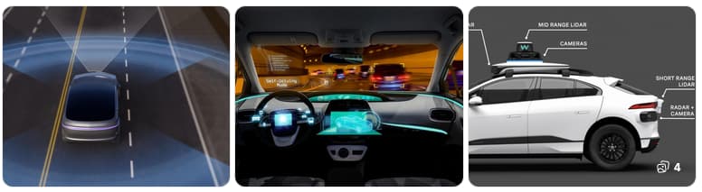 Three-panel image depicting autonomous car technology: top view with sensor areas, interior with digital displays, and side view showing sensors and cameras.