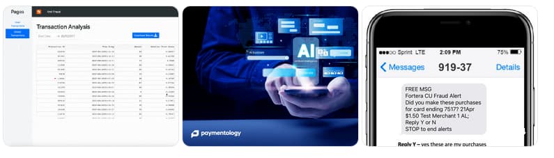 A three-part image showing a "Transaction Analysis" dashboard, hands holding glowing "AI" symbols, and a fraud alert text on a smartphone screen.