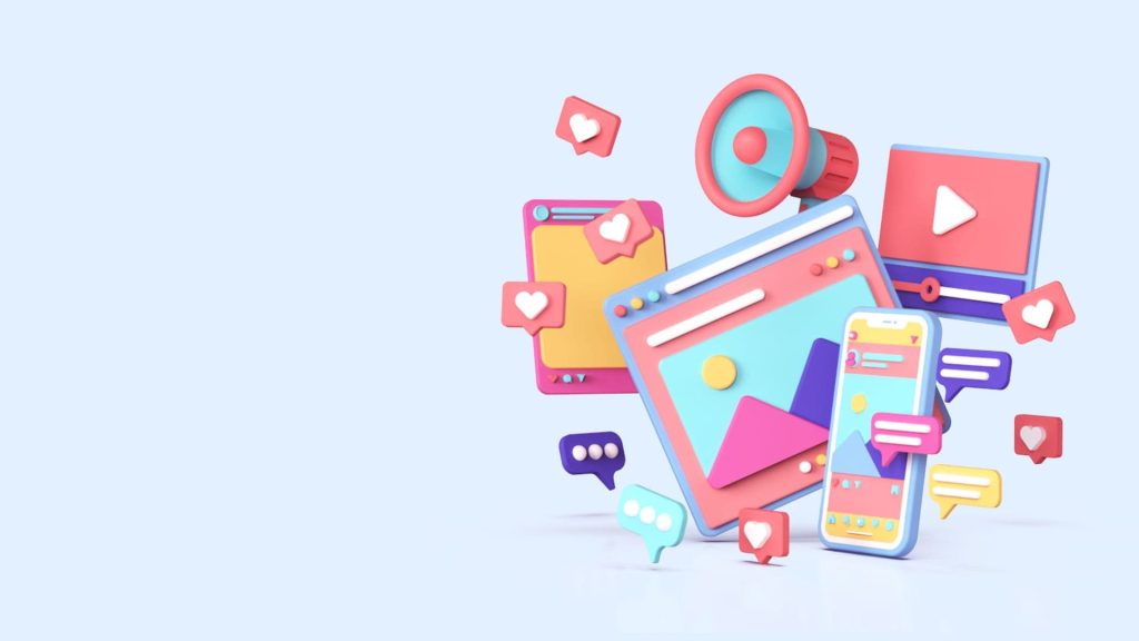 Colorful 3D illustration of digital media icons, like a megaphone, smartphone, and chat bubbles, symbolizing social media interaction and communication.