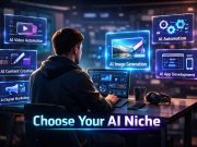 How to Choose Your Perfect AI Niche: A Step-by-Step Framework for Building a Profitable AI Business Entrepreneur analyzing different AI business niches on a laptop with futuristic holographic icons representing content creation, YouTube automation, digital marketing, and AI tools.