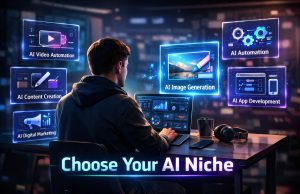 How to Choose Your Perfect AI Niche: A Step-by-Step Framework for Building a Profitable AI Business Entrepreneur analyzing different AI business niches on a laptop with futuristic holographic icons representing content creation, YouTube automation, digital marketing, and AI tools.