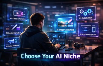 How to Choose Your Perfect AI Niche: A Step-by-Step Framework for Building a Profitable AI Business Entrepreneur analyzing different AI business niches on a laptop with futuristic holographic icons representing content creation, YouTube automation, digital marketing, and AI tools.