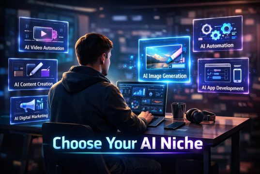 How to Choose Your Perfect AI Niche: A Step-by-Step Framework for Building a Profitable AI Business Entrepreneur analyzing different AI business niches on a laptop with futuristic holographic icons representing content creation, YouTube automation, digital marketing, and AI tools.