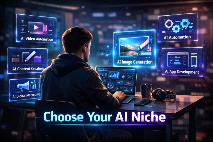 How to Choose Your Perfect AI Niche: A Step-by-Step Framework for Building a Profitable AI Business Entrepreneur analyzing different AI business niches on a laptop with futuristic holographic icons representing content creation, YouTube automation, digital marketing, and AI tools.