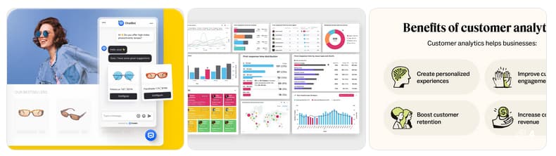 Retail image collage: left, a smiling person in sunglasses; middle, data analytics dashboard; right, customer analytics benefits like engagement and revenue growth.