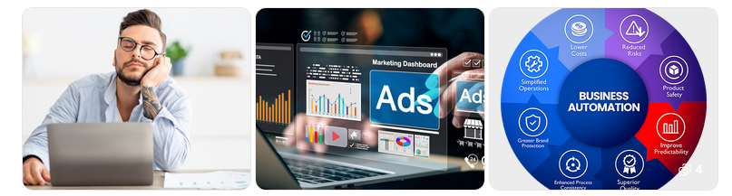 A tired man sits at a desk with a laptop, a digital marketing dashboard with ads display, and a colorful business automation benefits chart.