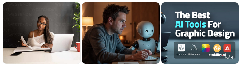 A three-panel image: a woman works at a desk with a plant; a man uses a laptop beside a robot; text reads "The Best AI Tools for Graphic Design" with logos.