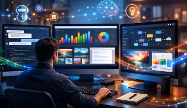 A man works at a desk with multiple screens displaying graphs, profiles, and notifications. Digital connections and icons suggest networking and communication.