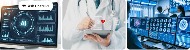 Three images: AI medical dashboard, doctor with tablet showing heart icon, and doctors analyzing brain scans on multiple monitors, indicating advanced healthcare technology.