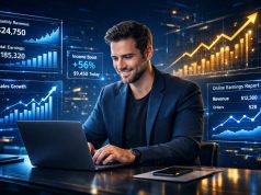 How Artificial Intelligence Is Revolutionizing Online Income Opportunities A man in a suit smiles while typing on a laptop, surrounded by graphs and data visuals showing revenue, earnings, and sales growth in a futuristic office.