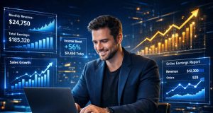 How Artificial Intelligence Is Revolutionizing Online Income Opportunities A man in a suit smiles while typing on a laptop, surrounded by graphs and data visuals showing revenue, earnings, and sales growth in a futuristic office.