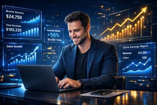 How Artificial Intelligence Is Revolutionizing Online Income Opportunities A man in a suit smiles while typing on a laptop, surrounded by graphs and data visuals showing revenue, earnings, and sales growth in a futuristic office.