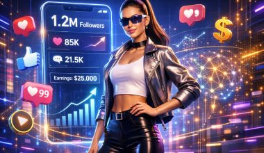 A stylish woman in sunglasses poses confidently against a digital backdrop showing social media metrics—1.2M followers, likes, comments—and earnings.
