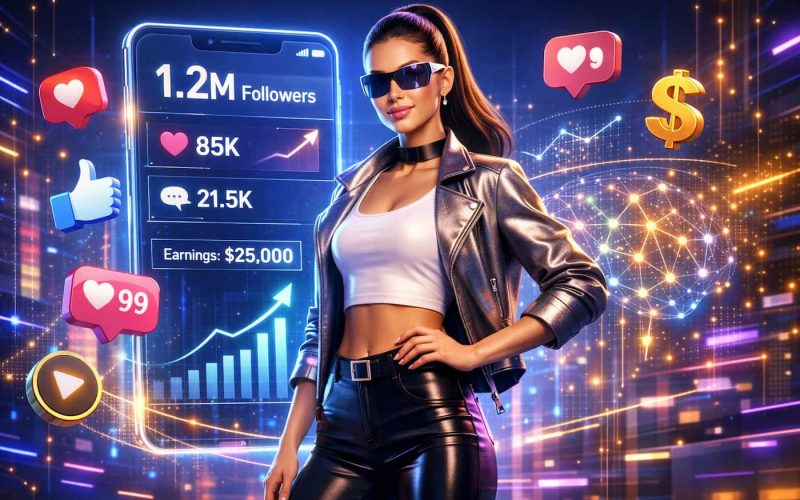 A stylish woman in sunglasses poses confidently against a digital backdrop showing social media metrics—1.2M followers, likes, comments—and earnings.