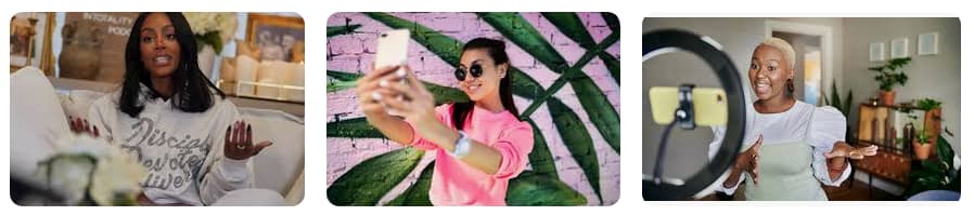 Three people creating content: Left, a woman speaking energetically indoors; center, a woman taking a selfie against a colorful mural; right, a person filming in a bright room.