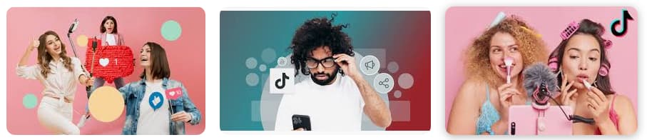 Three images depict social media engagement. Left: Three excited women with icons. Center: Man focused on phone with digital icons. Right: Two women creating content.