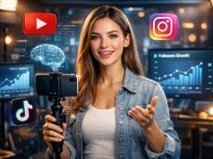 The Ultimate Guide to Creating an AI Influencer and Monetizing It Online Photorealistic AI influencer creating social media content in a futuristic creator studio with analytics dashboards and digital technology elements