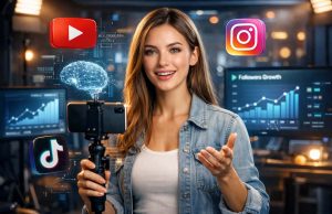 The Ultimate Guide to Creating an AI Influencer and Monetizing It Online Photorealistic AI influencer creating social media content in a futuristic creator studio with analytics dashboards and digital technology elements