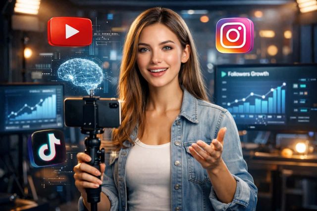 influencer(1) Photorealistic AI influencer creating social media content in a futuristic creator studio with analytics dashboards and digital technology elements