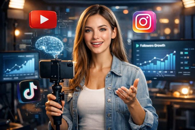 The Ultimate Guide to Creating an AI Influencer and Monetizing It Online Photorealistic AI influencer creating social media content in a futuristic creator studio with analytics dashboards and digital technology elements