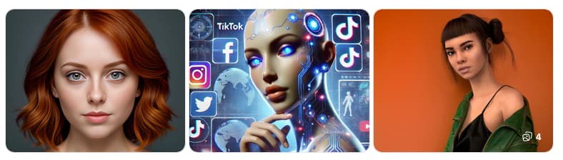 Three images: a woman with red hair, a digital avatar with social media icons, and a woman against an orange background wearing a green jacket.