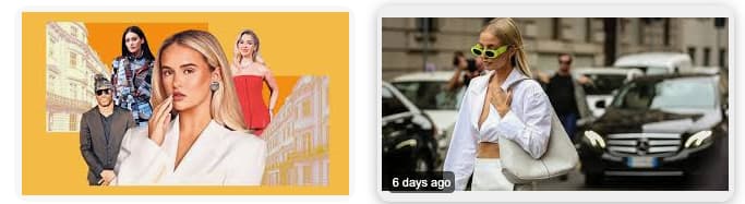 Left image: A collage features stylish individuals against a yellow backdrop with building outlines. The mood is trendy and dynamic.

Right image: A woman in a chic white outfit and green sunglasses confidently walks on a busy city street. The scene conveys urban elegance.