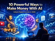 9 Practical Ways to Turn AI Into a Profitable Income Stream in 2026 Futuristic illustration of a person using a laptop with a glowing brain, currency symbols, growth charts, and icons, highlighting AI money-making strategies.