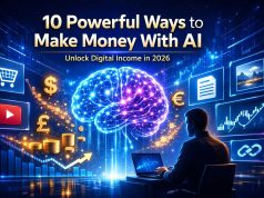 9 Practical Ways to Turn AI Into a Profitable Income Stream in 2026 Futuristic illustration of a person using a laptop with a glowing brain, currency symbols, growth charts, and icons, highlighting AI money-making strategies.