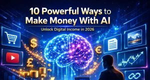 9 Practical Ways to Turn AI Into a Profitable Income Stream in 2026 Futuristic illustration of a person using a laptop with a glowing brain, currency symbols, growth charts, and icons, highlighting AI money-making strategies.