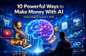 9 Practical Ways to Turn AI Into a Profitable Income Stream in 2026 Futuristic illustration of a person using a laptop with a glowing brain, currency symbols, growth charts, and icons, highlighting AI money-making strategies.