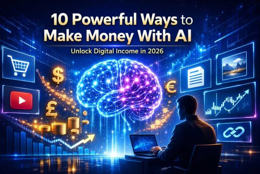 9 Practical Ways to Turn AI Into a Profitable Income Stream in 2026 Futuristic illustration of a person using a laptop with a glowing brain, currency symbols, growth charts, and icons, highlighting AI money-making strategies.