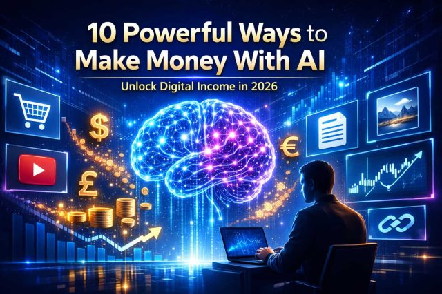 9 Practical Ways to Turn AI Into a Profitable Income Stream in 2026 Futuristic illustration of a person using a laptop with a glowing brain, currency symbols, growth charts, and icons, highlighting AI money-making strategies.