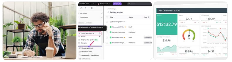 A man in a greenhouse works at a laptop beside a coffee cup, wearing an apron and glasses. Screenshots show a software dashboard and graph analytics.