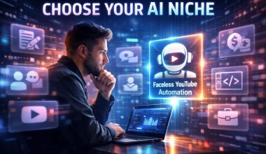 A man ponders at a laptop, surrounded by digital icons like a faceless YouTube automation, symbolizing AI niches. Text reads "Choose Your AI Niche." Futuristic tone.