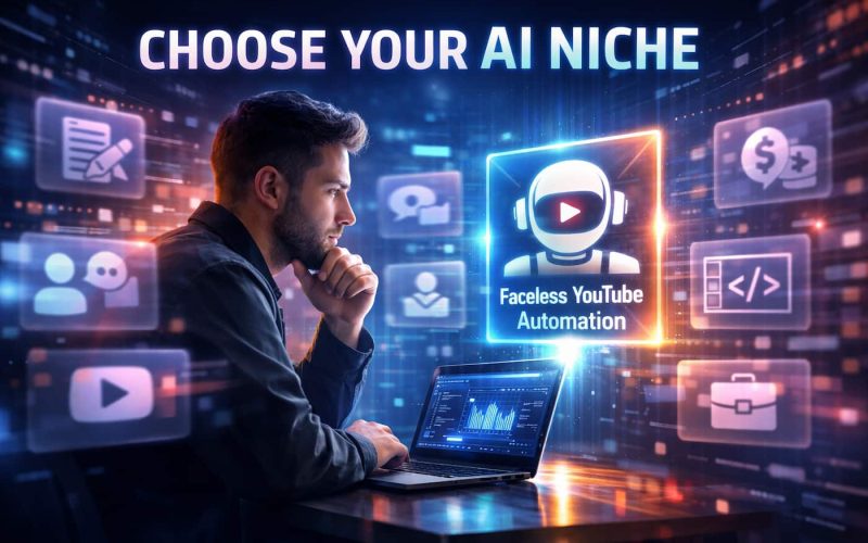 A man ponders at a laptop, surrounded by digital icons like a faceless YouTube automation, symbolizing AI niches. Text reads "Choose Your AI Niche." Futuristic tone.