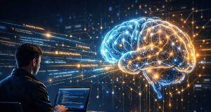 Why Prompt Engineering Is the #1 Skill for Anyone Using AI in 2026 A person sits at a desk working on a laptop, coding. A large, glowing digital brain hologram floats nearby, symbolizing AI and innovation.