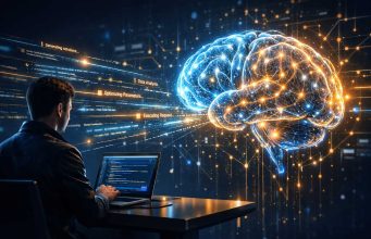 Why Prompt Engineering Is the #1 Skill for Anyone Using AI in 2026 A person sits at a desk working on a laptop, coding. A large, glowing digital brain hologram floats nearby, symbolizing AI and innovation.