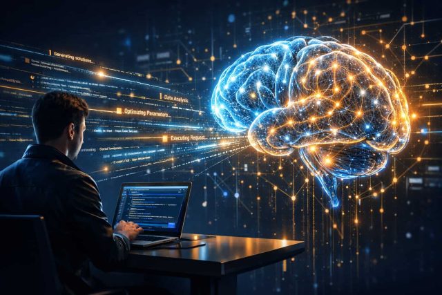 A person sits at a desk working on a laptop, coding. A large, glowing digital brain hologram floats nearby, symbolizing AI and innovation.
