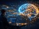 Why Prompt Engineering Is the #1 Skill for Anyone Using AI in 2026 A person sits at a desk working on a laptop, coding. A large, glowing digital brain hologram floats nearby, symbolizing AI and innovation.