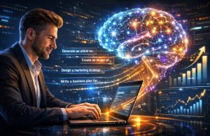 Prompt Engineering for Profit: The Complete Guide to Making Money With AI Prompt engineering concept showing a person typing AI prompts on a laptop connected to a holographic artificial intelligence brain.”