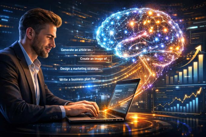 Prompt Engineering for Profit: The Complete Guide to Making Money With AI Prompt engineering concept showing a person typing AI prompts on a laptop connected to a holographic artificial intelligence brain.”