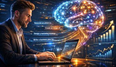 A man types on a laptop, surrounded by digital charts and a glowing brain illustration, symbolizing AI. Text labels AI capabilities. Tone is futuristic.